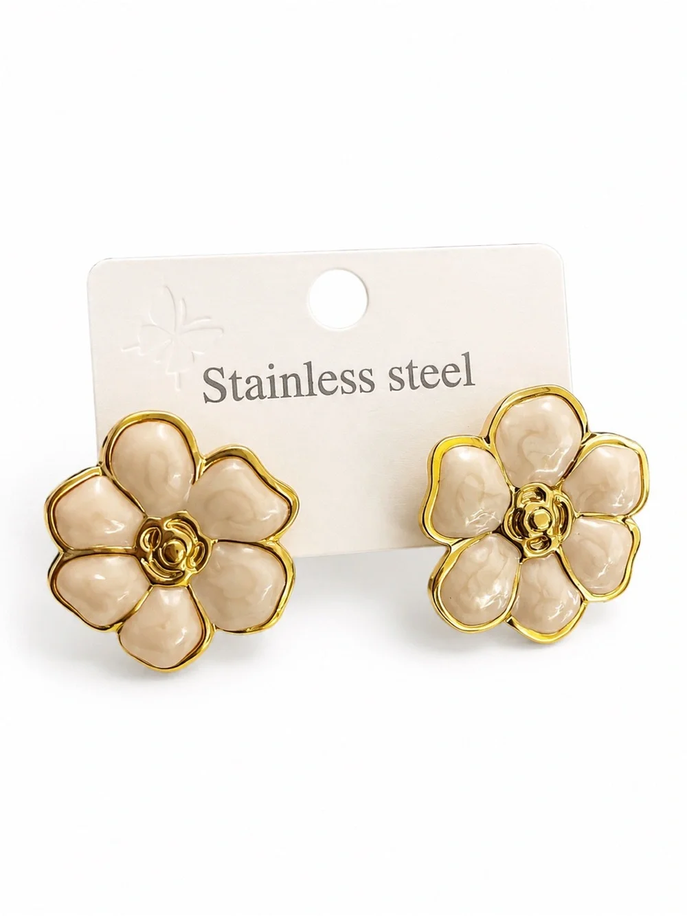Stainless Steel Beige Flower Stud Earrings - Gold Trim